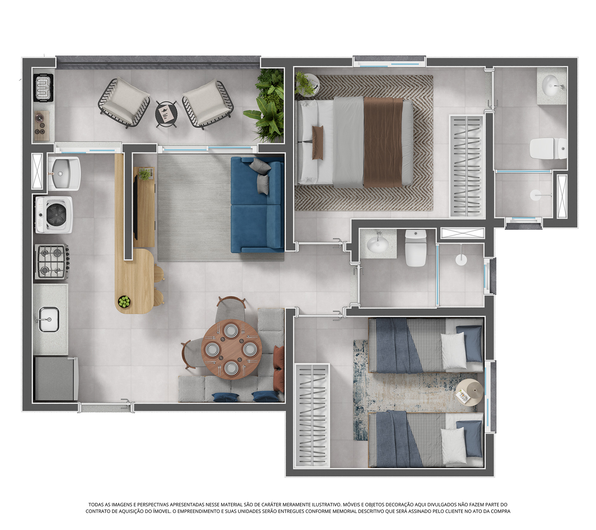 Planta tipo 2 dorms. (c/ suíte e varanda grill) - 54,04 m²