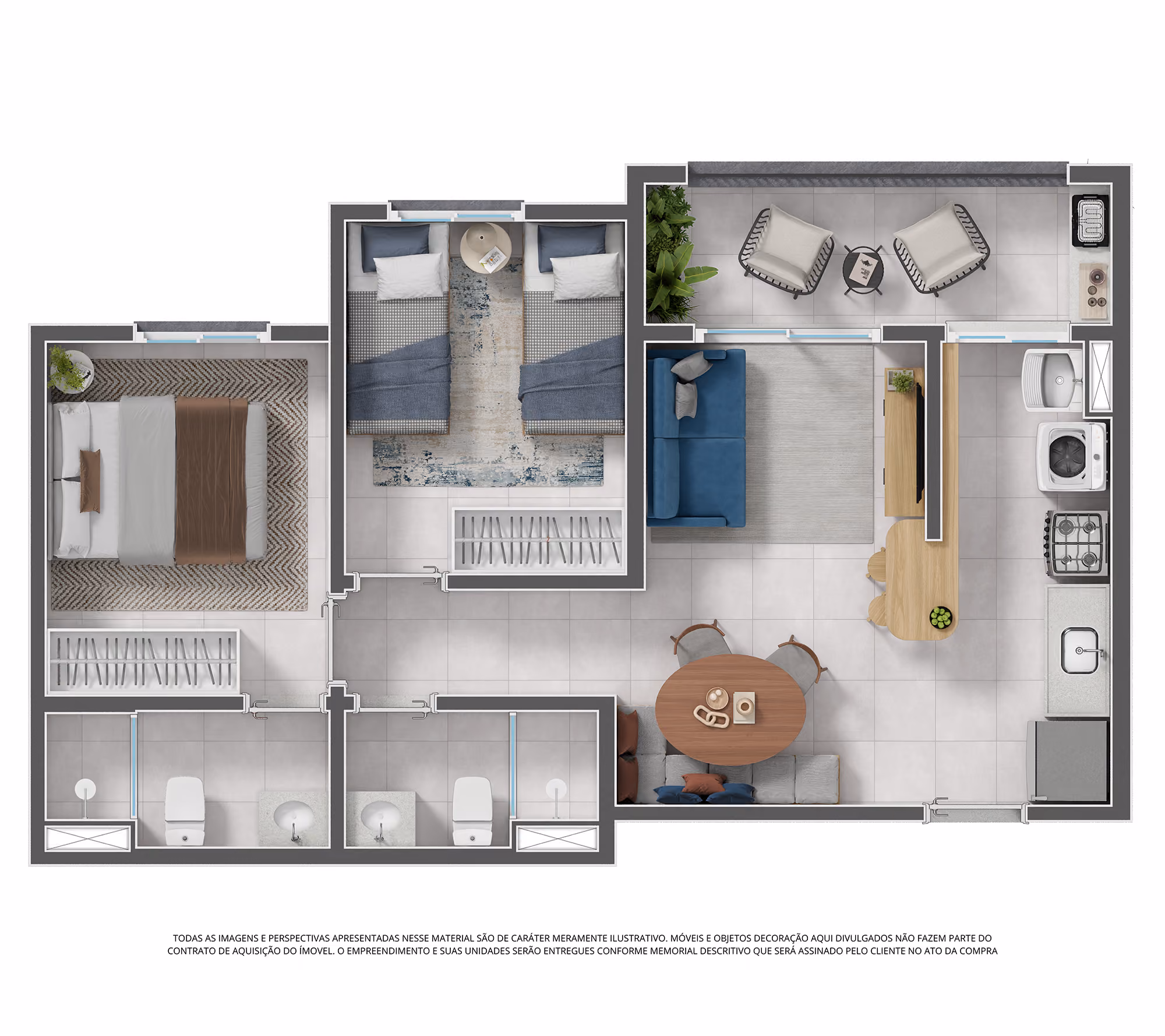 Planta tipo 2 dorms. (c/ suíte e varanda grill) - 55,74 m²