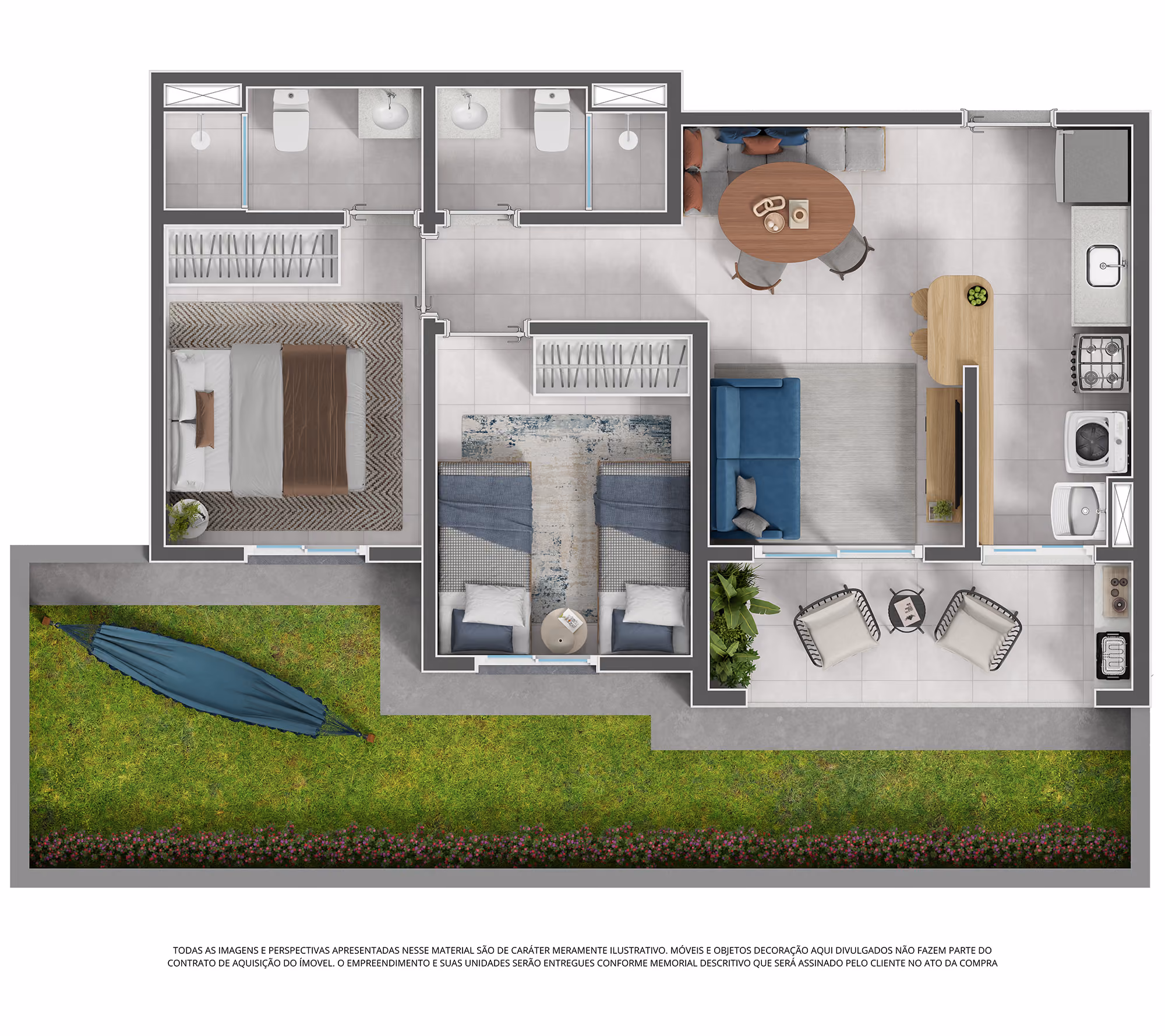 Planta garden 2 dorms. (c/ suíte e varanda grill) - 76,31 m²