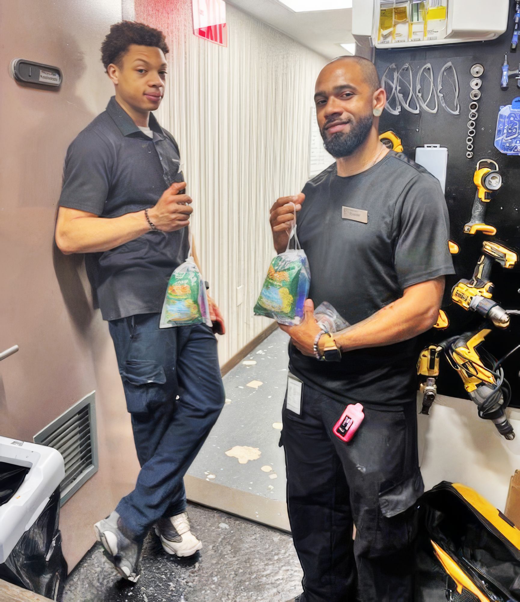 ‘Wellness Week’ moments: a quick break and a healthy treat! Engineers Francis Reyes and Darren Henry at the SpringHill Suites New York Manhattan Times Square enjoy goodie bags as part of the week’s focus on wellness.