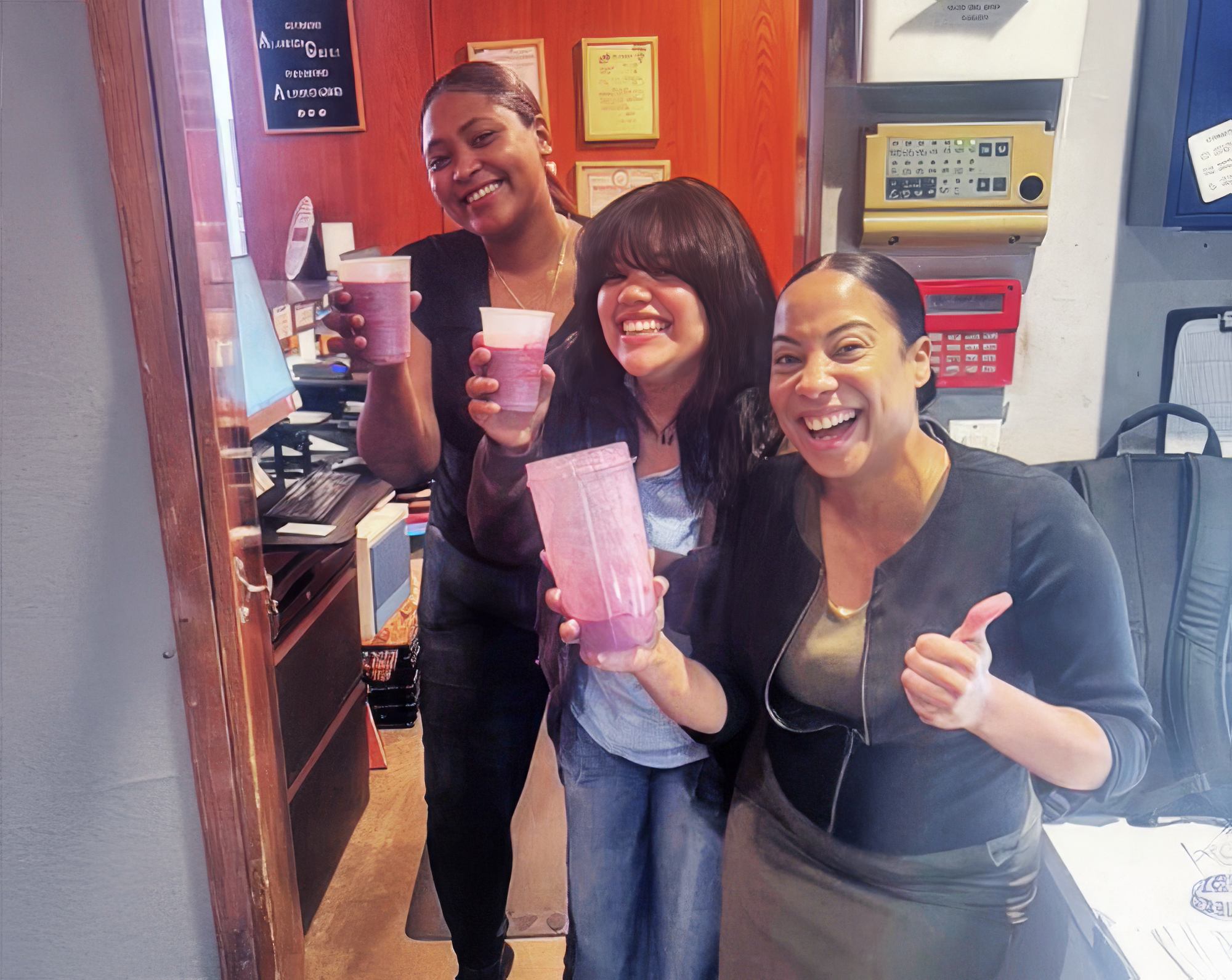 Cheers to smoothie breaks! Veronice Garica, front office manager; Princesa Bueno, guest service agent; and Patricia Soto, director of operations, enjoy ‘Wellness Week’ smoothies at Hotel Alameda High Line.