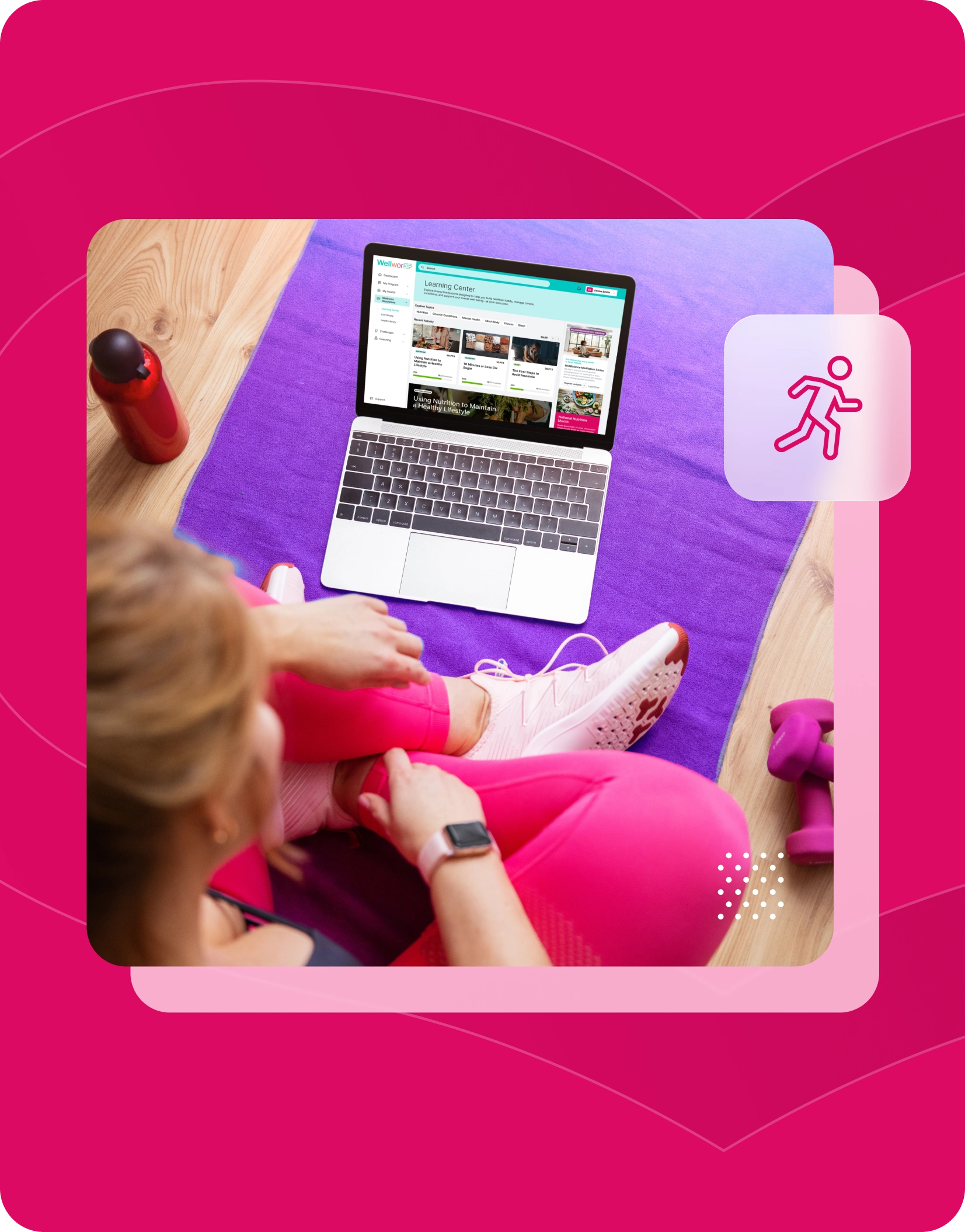 Wellworks For You app displaying wellness challenges with woman sitting post-workout