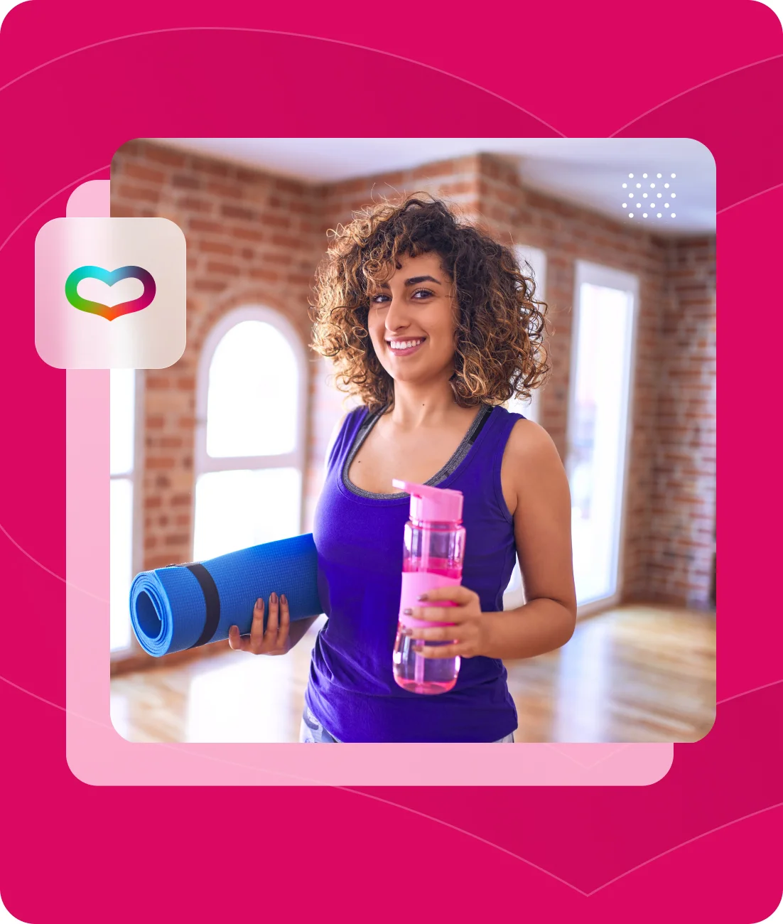 Woman with yoga mat and water bottle smiling.