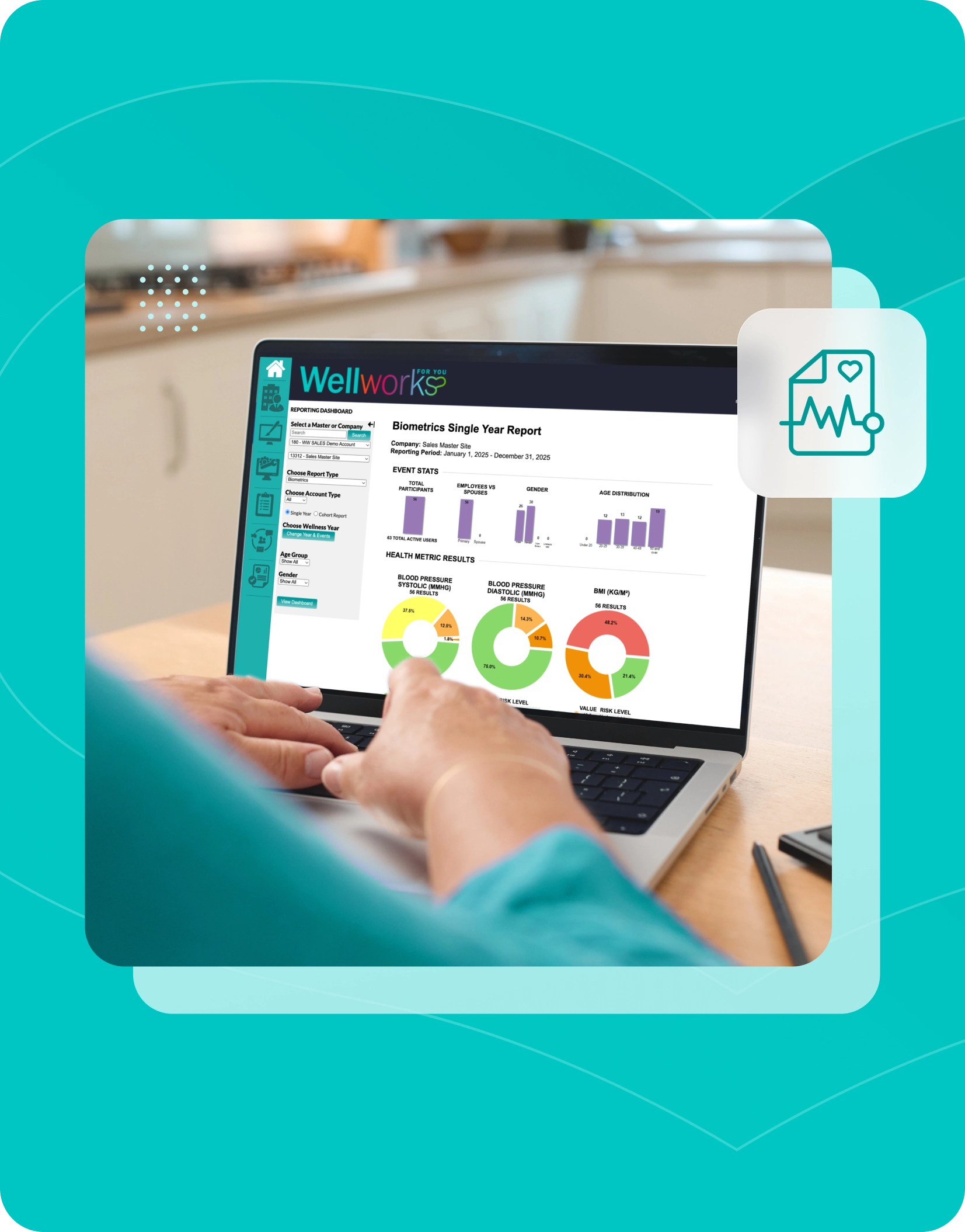 Various member data charts surround woman working on laptop