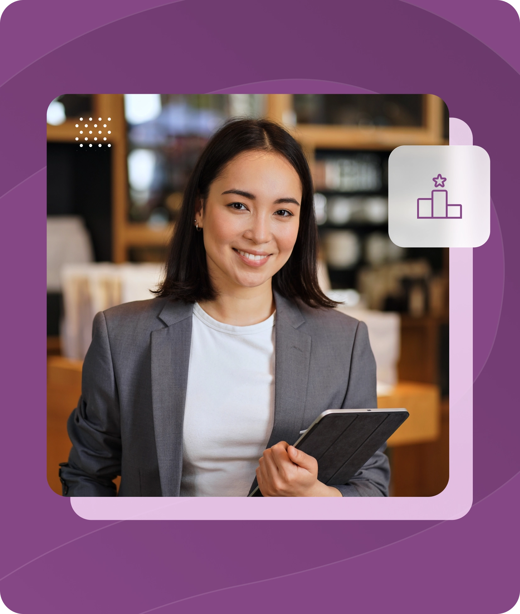 professional woman with snapshot of Wellworks app UI displaying wellness challenge rank