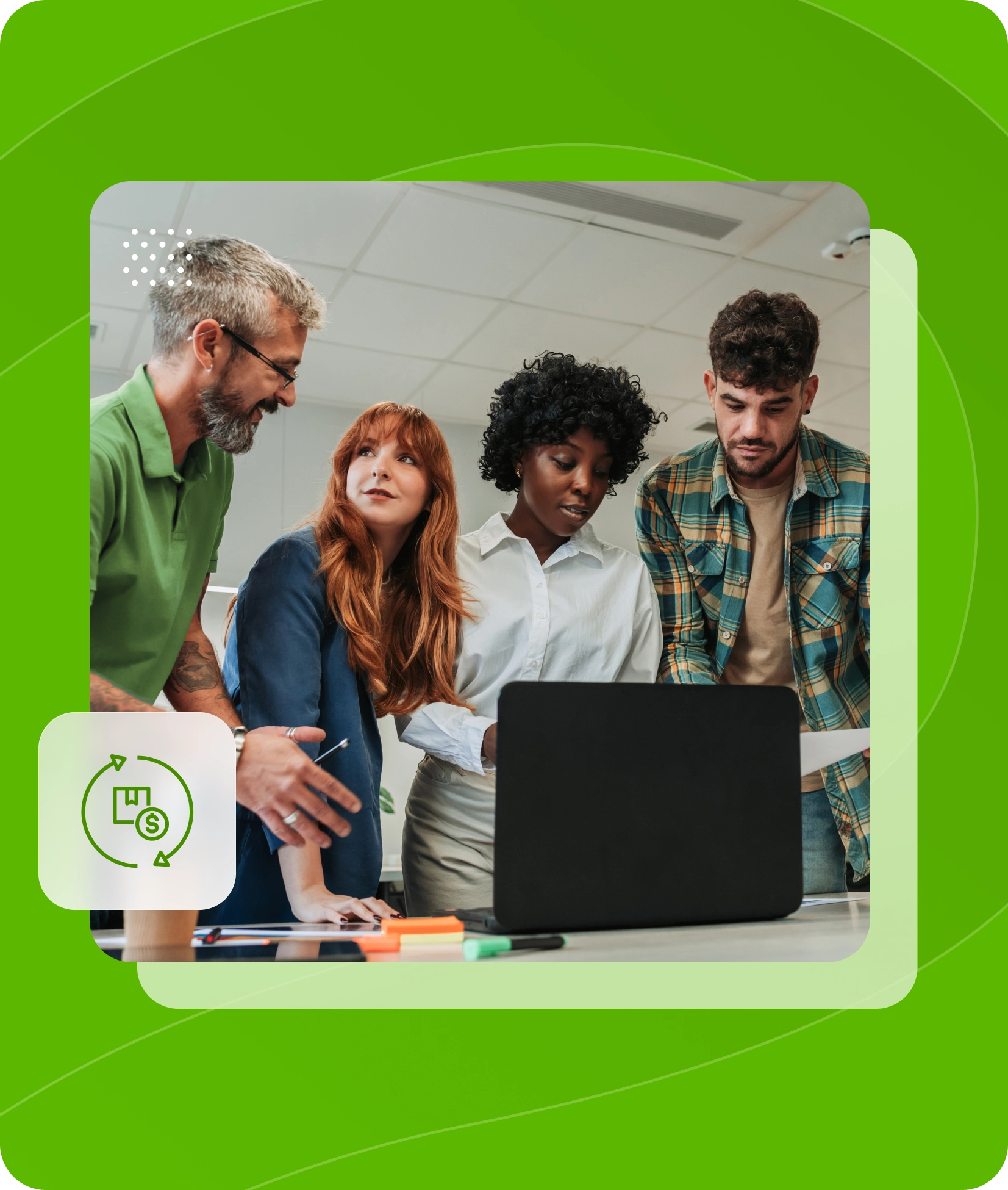 Sales person making a pitch, pointing at computer screen
