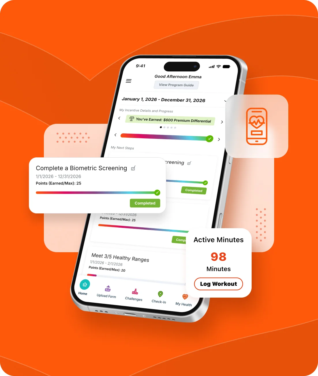 Wellworks For You application on phone with various call outs including app ui, and an icon of a phone with a wellness app installed.