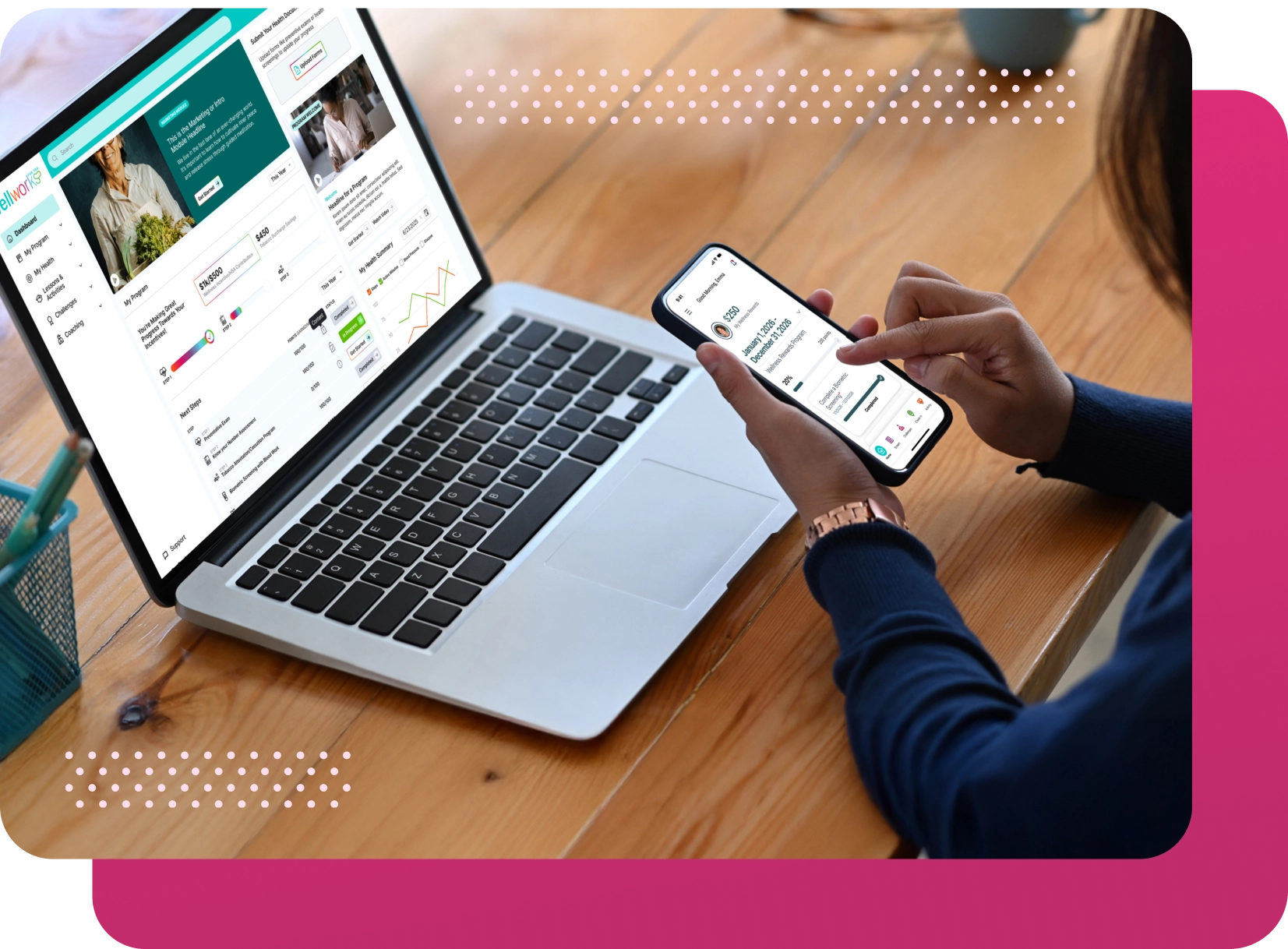 A laptop and computer screen display the Wellworks For You portal dashboard