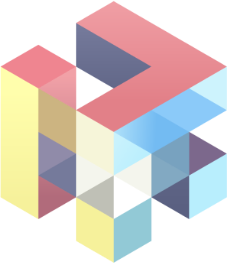 Abstract 3D geometric structure composed of interlocking cubes in pastel colors including pink, yellow, blue, and purple.