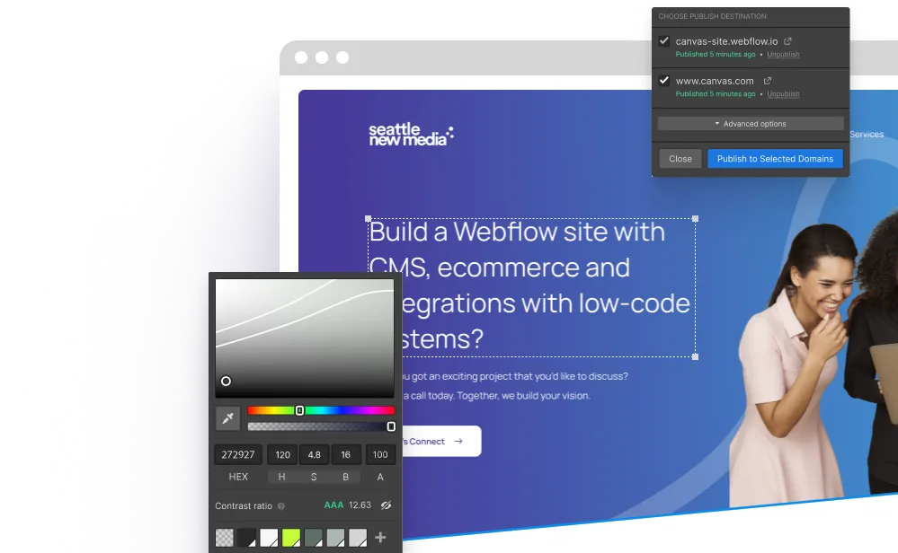 Web browser window showing a website with blue background titled 'Build a Webflow site with CMS, ecommerce and integrations with low-code systems?' and two women laughing on the right; color picker and publish domain selection panels overlap the window.