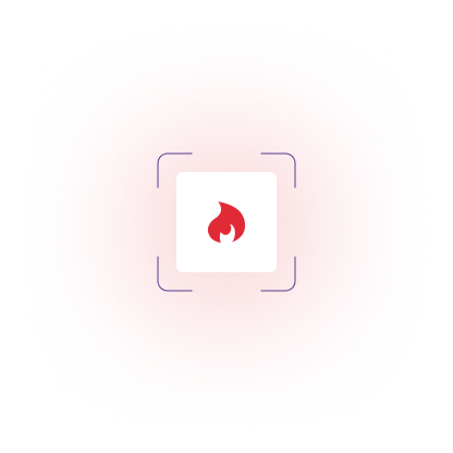 Red flame icon centered inside a white square with rounded corners and dark purple corner brackets on a red glowing background.