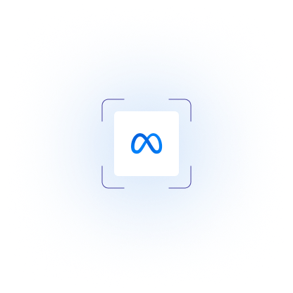 Blue infinity-shaped Meta logo inside a white square with rounded corners on a blue background with a faint focus frame.