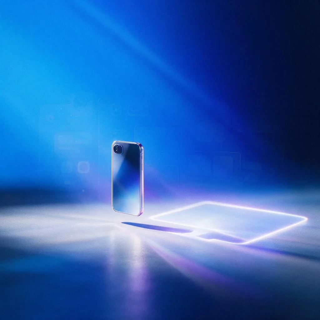 Smartphone floating above a glowing panel in blue light