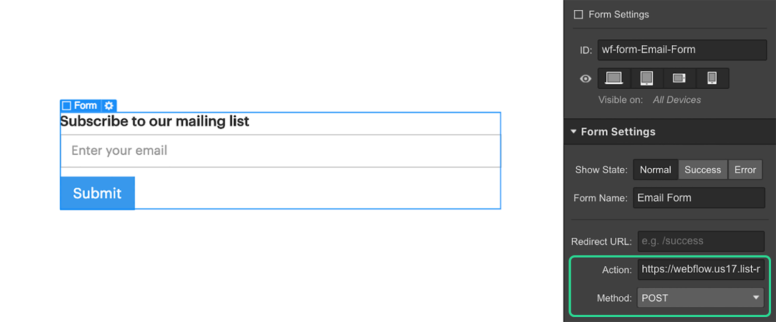 adding action code to webflow form