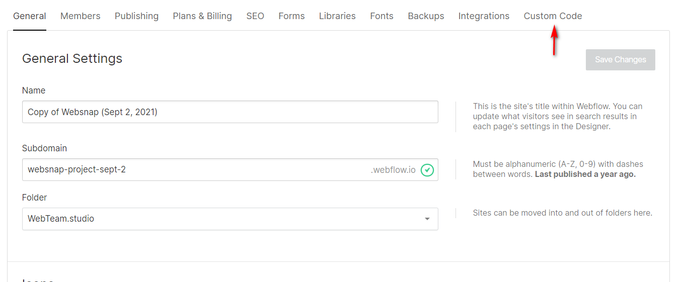 custom code in Webflow project settings