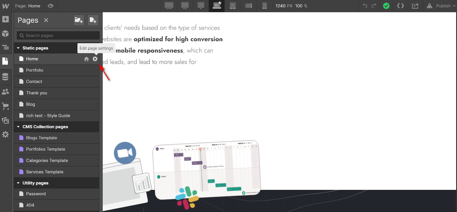 Editing page settings in webflow designer