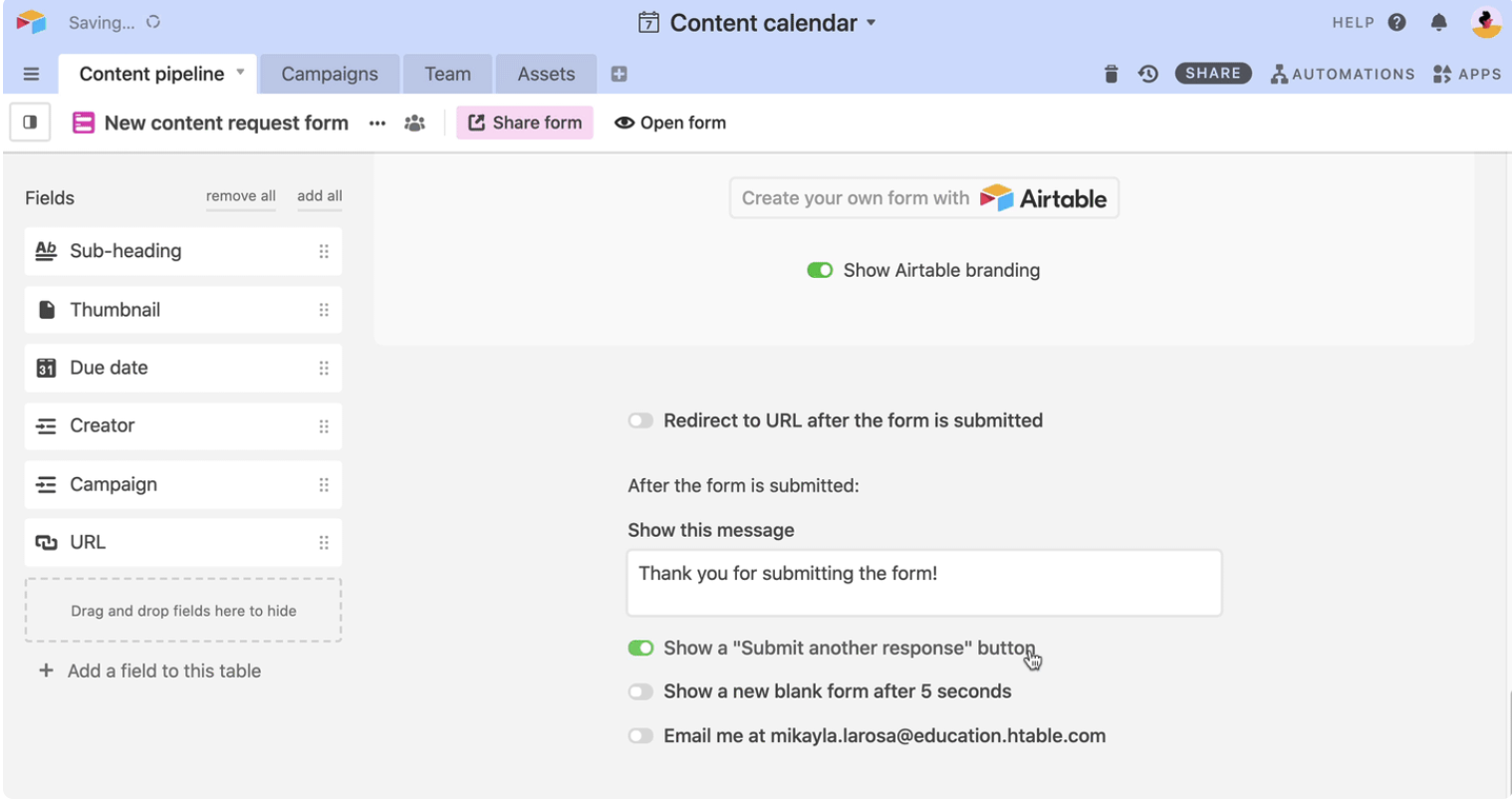 customizing post-submission airtable form settings