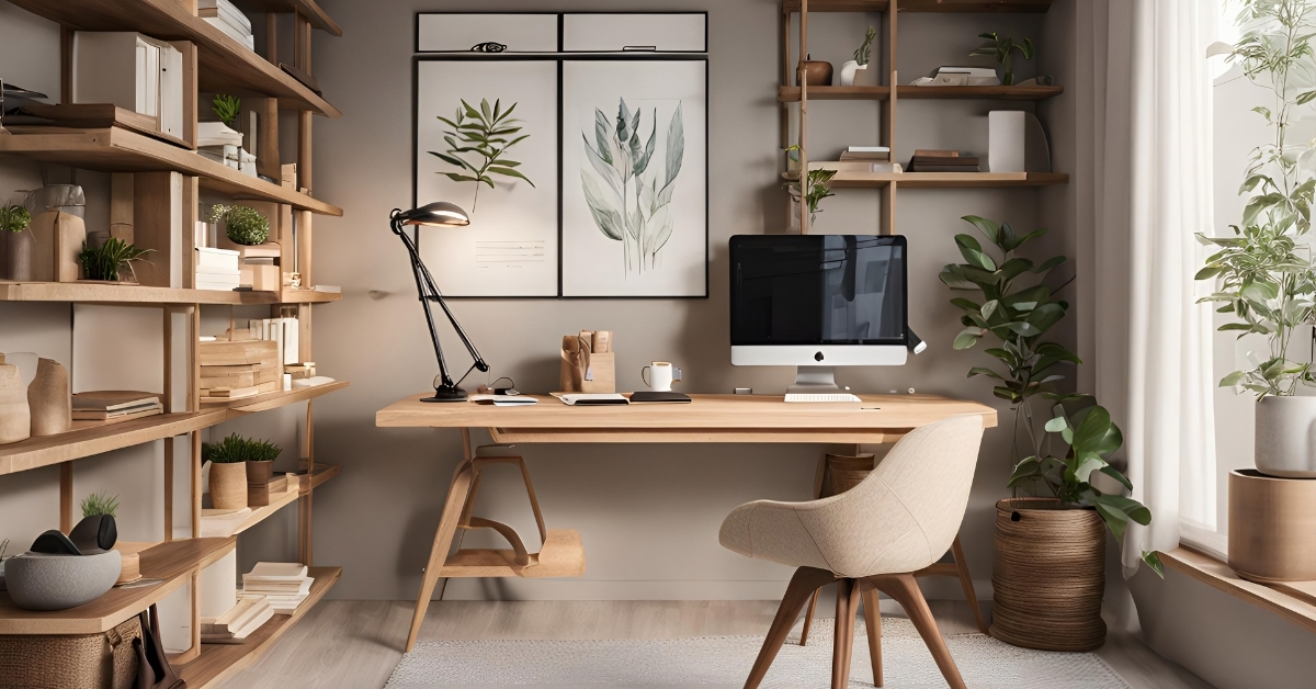 Modern home office setup with wooden desk, ergonomic chair, computer monitor, task lighting, and organized shelving for productive remote work