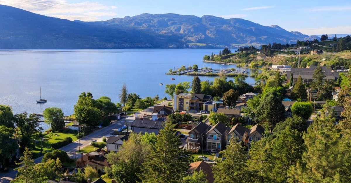 Aerial view of a residential neighbourhood along the waterfront in Armstrong, BC