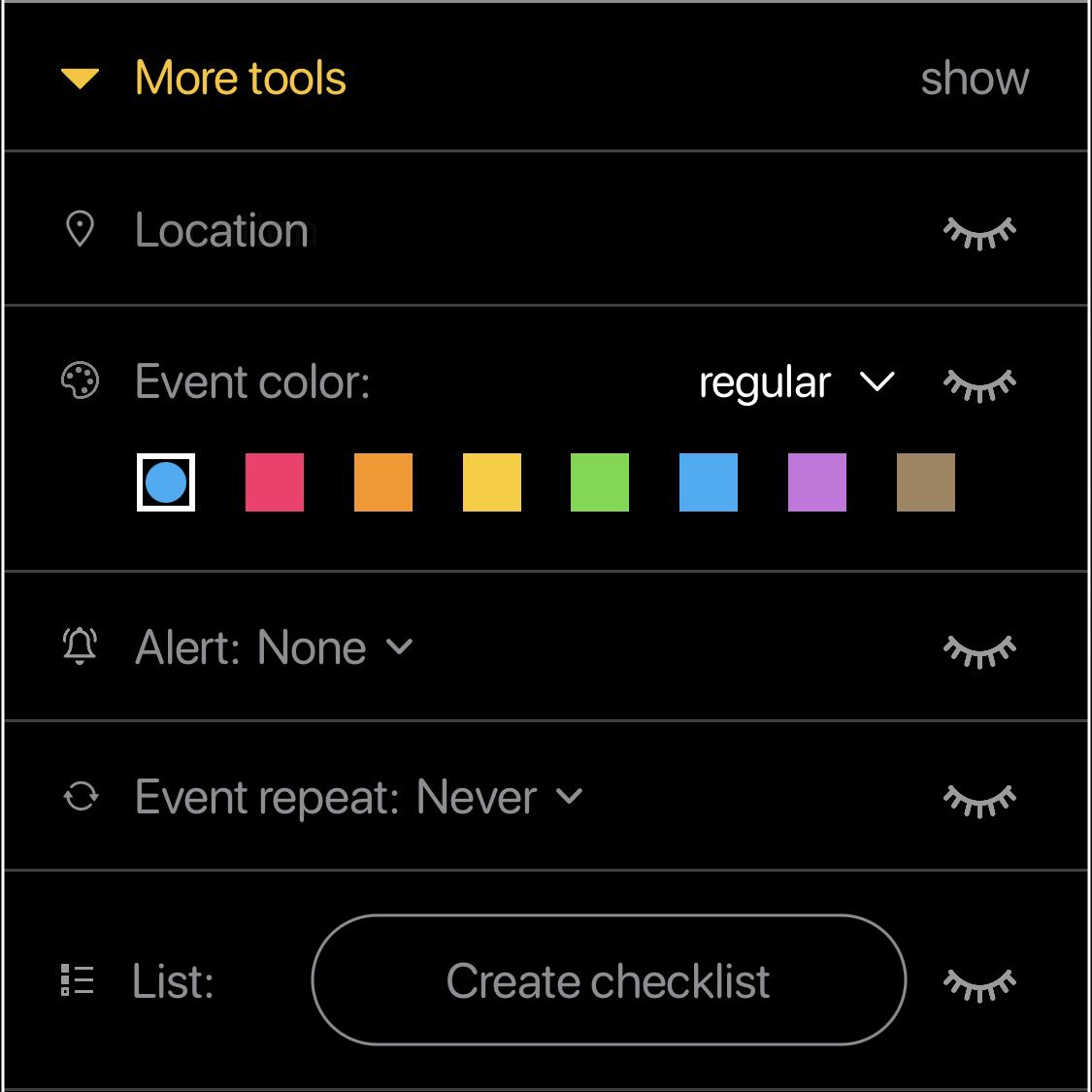 A list of customizeable event tools in PiCal the calendar app