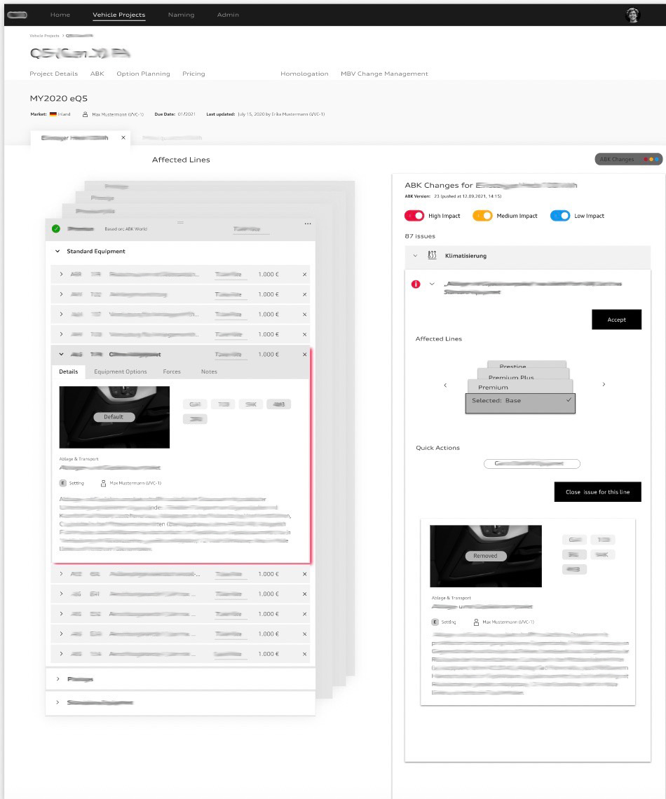 An iteration of the change report showing a stacked view of lines as a selection feature and quick action buttons.