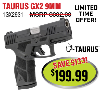 Black Taurus GX2 9mm handgun with a limited-time offer price of $199.99, saving $133 from the original MSRP of $332.99.