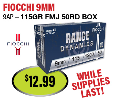 Box of Fiocchi 9mm 115 grain FMJ ammunition with price $12.99 and text 'While supplies last!'
