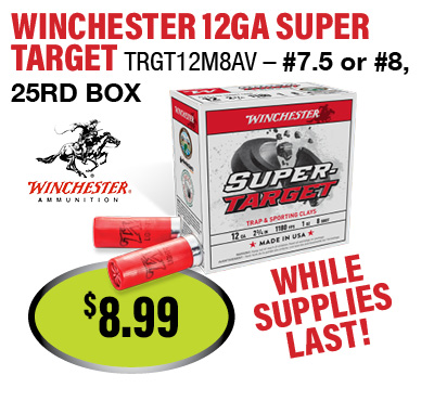 Winchester 12 gauge Super Target ammunition box with two red shotgun shells, priced at $8.99, available while supplies last.