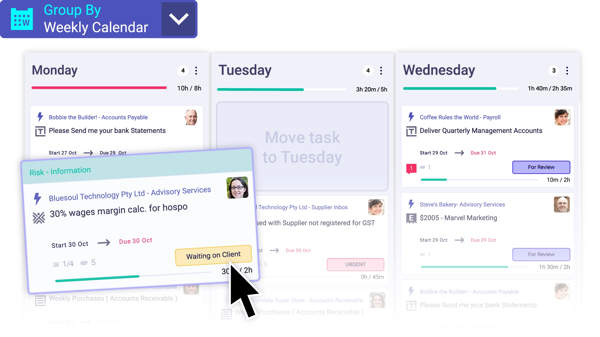 Weekly View allows users to shuffle work by day.