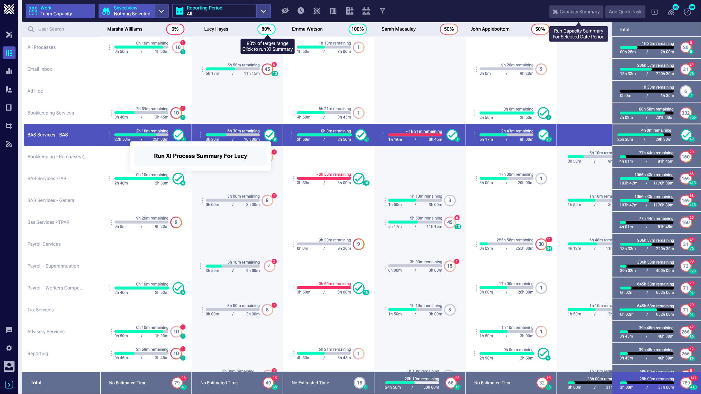 Team overview showing capacity