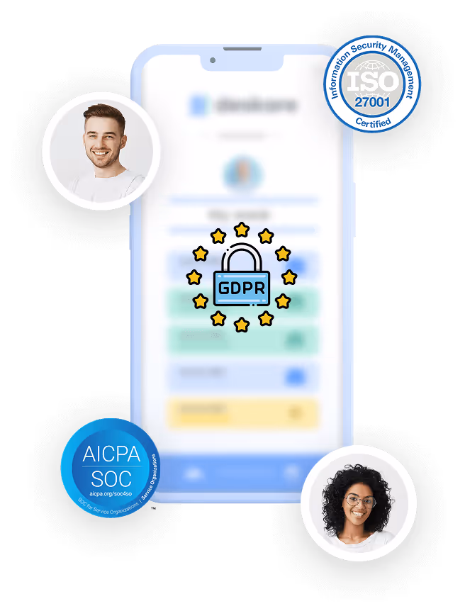 A mockup of Deskare screen, showing ISO27001 and SOC2 certifications