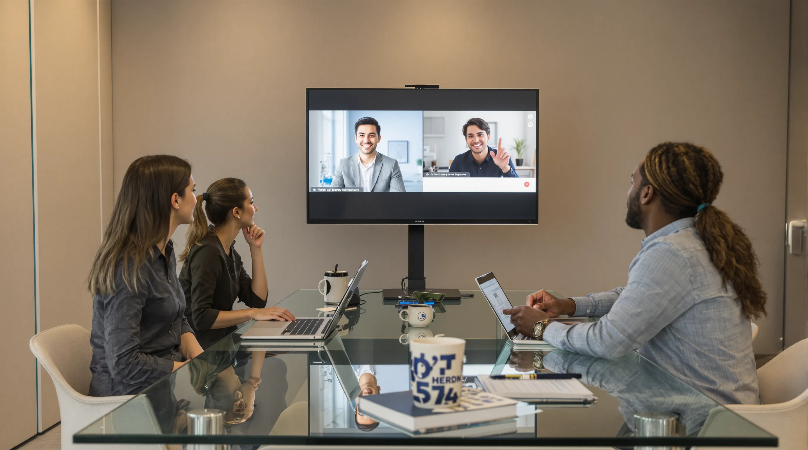 Un manager anime un rituel hebdomadaire ; trois collègues sont réunis dans un espace de coworking, tandis que deux autres participent via un écran placé à hauteur des regards.