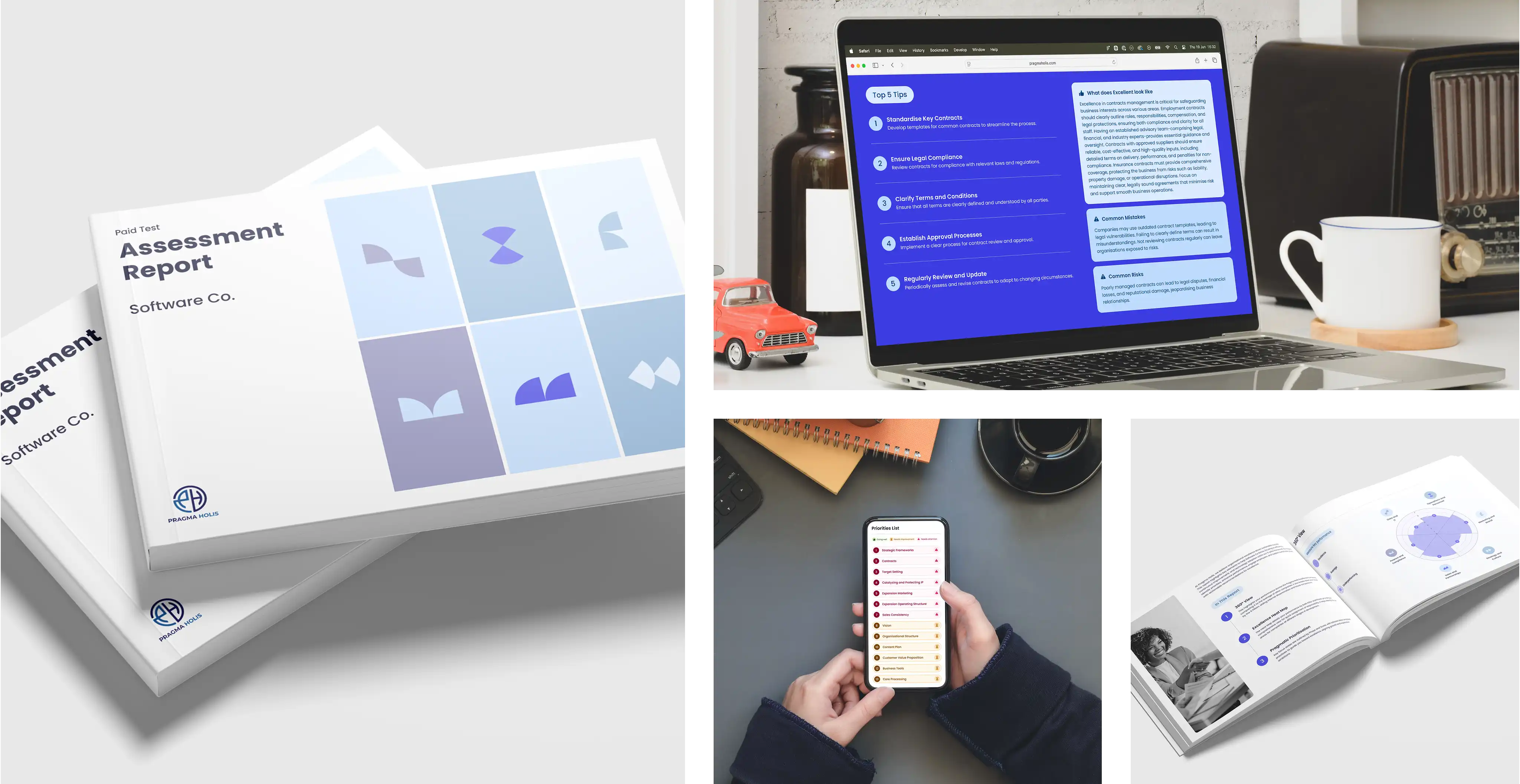 Pragma Holis design assets showcased on print, laptop and mobile to show flexibility of the design