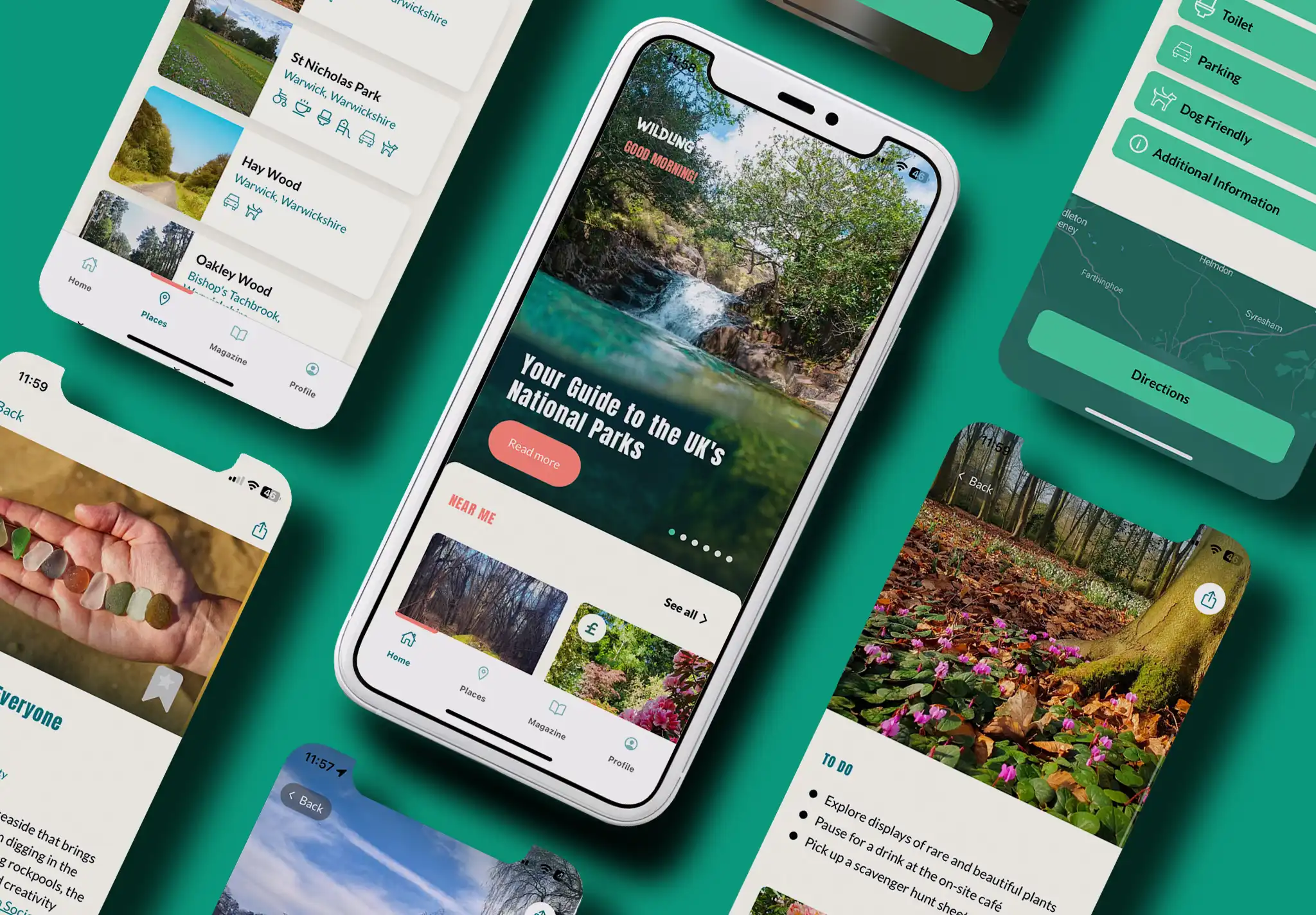 an overview of the screenshots designed for the Wildling mobile app