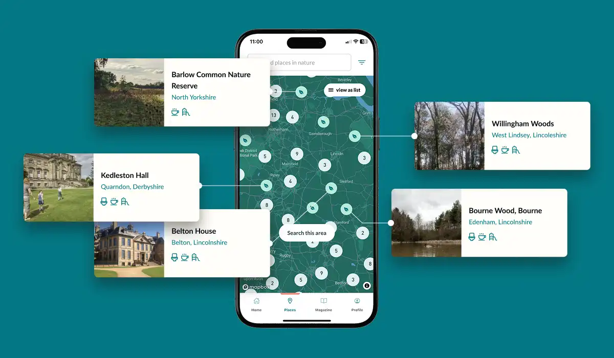 Map view of nature locations app Wildling designed by Elixel
