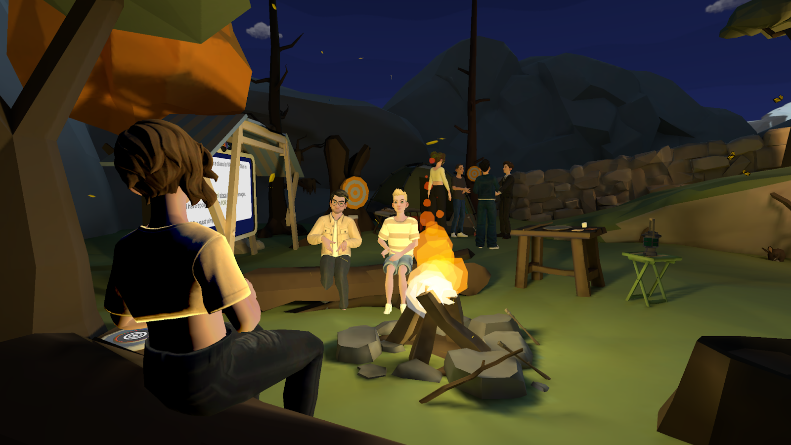 Learners sit around a virtual campfire in an outdoor immersive environment, with two avatars facing the camera and others chatting near a stone wall in the background. A dialogue board and archery targets add to the scene’s interactive, team-building atmosphere.
