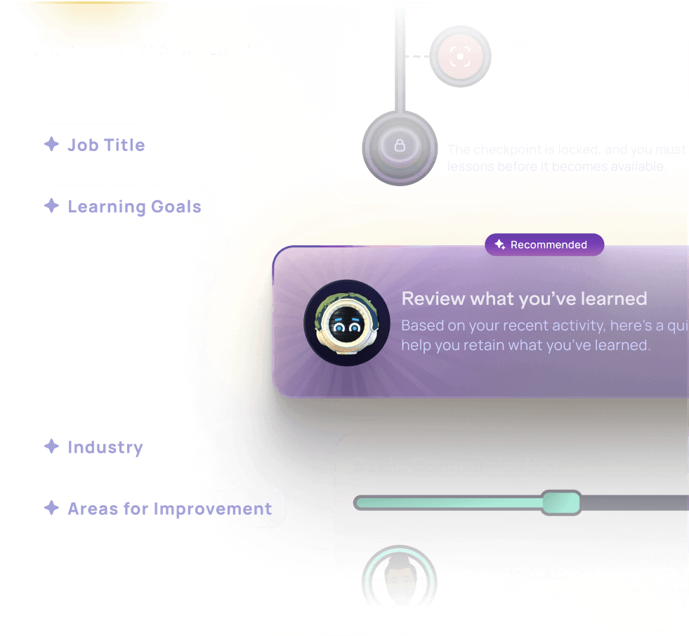 Resumen del sistema de personalización en tiempo real de IMMERSE, que muestra recomendaciones de aprendizaje personalizadas según puesto de trabajo, metas, industria y áreas por mejorar. La interfaz muestra un checkpoint, un rastreador de progreso en “Comunicación Básica” y un mensaje para repasar clases recientes.