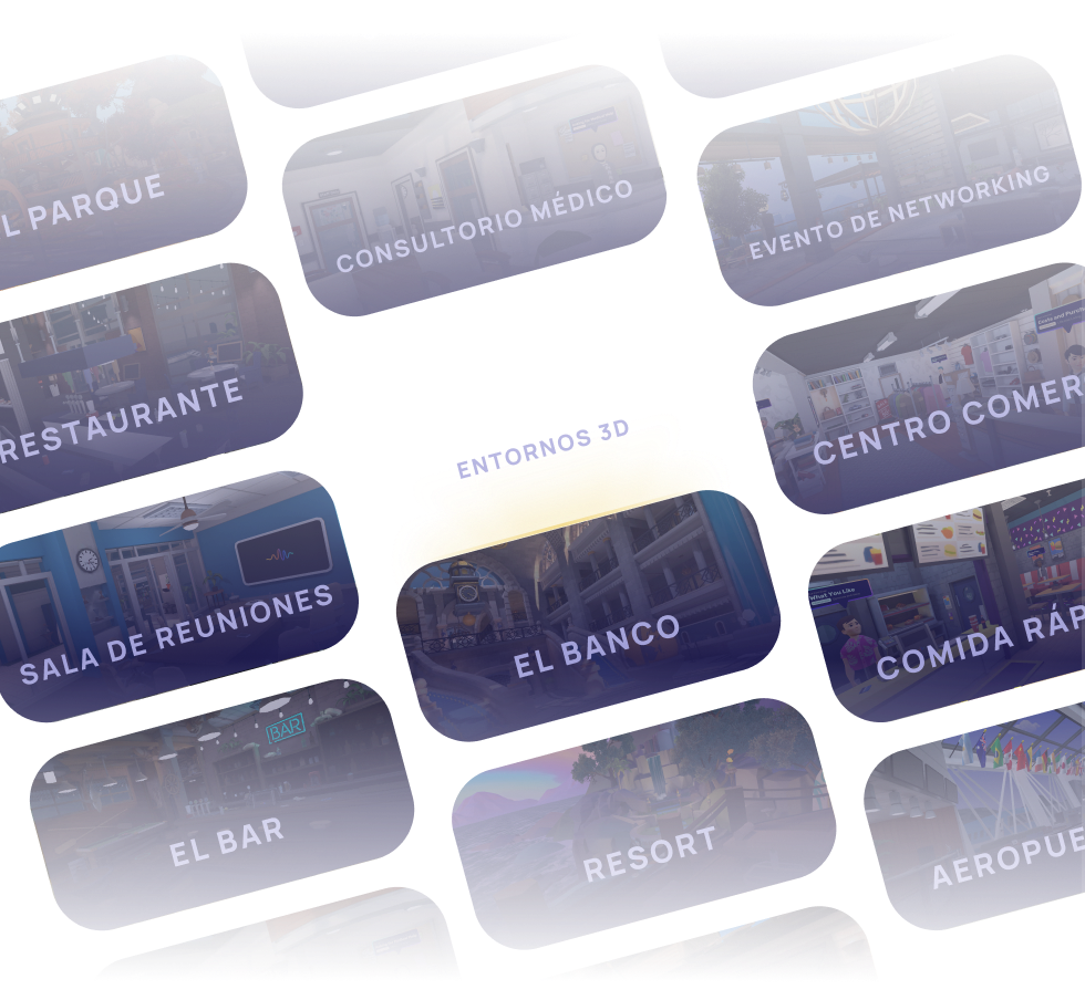 Imagen que muestra una cuadrícula de entornos virtuales en 3D utilizados en IMMERSE para la práctica de idiomas. Las escenas incluyen ubicaciones del mundo real como parque, consultorio médico, restaurante, sala de reuniones, banco, bar, resort, aeropuerto, comida rápida, centro comercial y eventos de networking, lo que demuestra cómo los alumnos pueden desarrollar habilidades comunicativas en contextos prácticos y cotidianos.