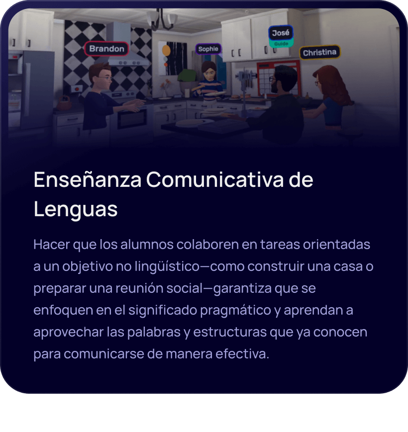 Escena de una cocina virtual en la plataforma IMMERSE que ilustra la enseñanza comunicativa de idiomas. Los alumnos, representados por avatares, colaboran en una tarea grupal de cocina, demostrando el uso del idioma a través de metas prácticas no lingüísticas en un entorno inmersivo.