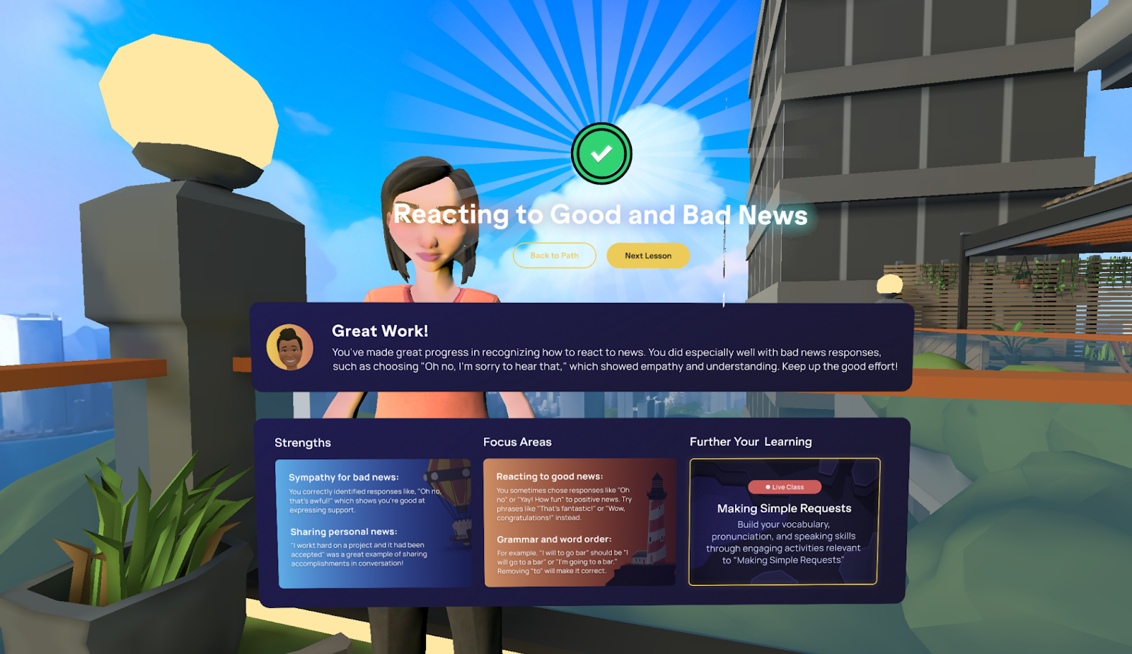 IMMERSE app feedback screen for the lesson “Reacting to Good and Bad News.” It includes a “Great Work” summary, sections on strengths (e.g., expressing sympathy and sharing accomplishments), focus areas (e.g., choosing appropriate responses to good news and correcting grammar), and a recommended next live class titled “Making Simple Requests.”