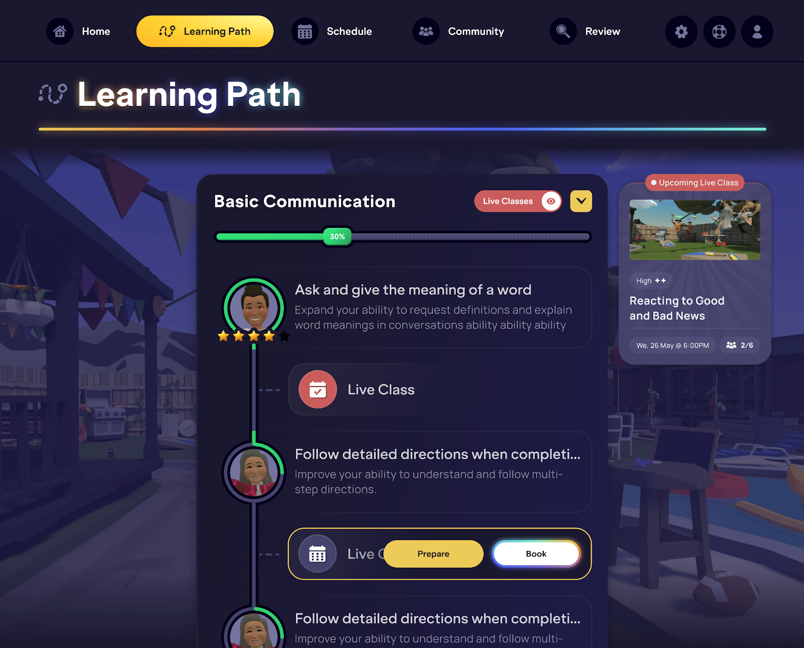 IMMERSE Learning Path showing AI-enhanced English lessons and live classes in the 'Basic Communication' module. Includes progress bar, booking buttons, and an upcoming live class titled 'Reacting to Good and Bad News' focused on workplace communication.