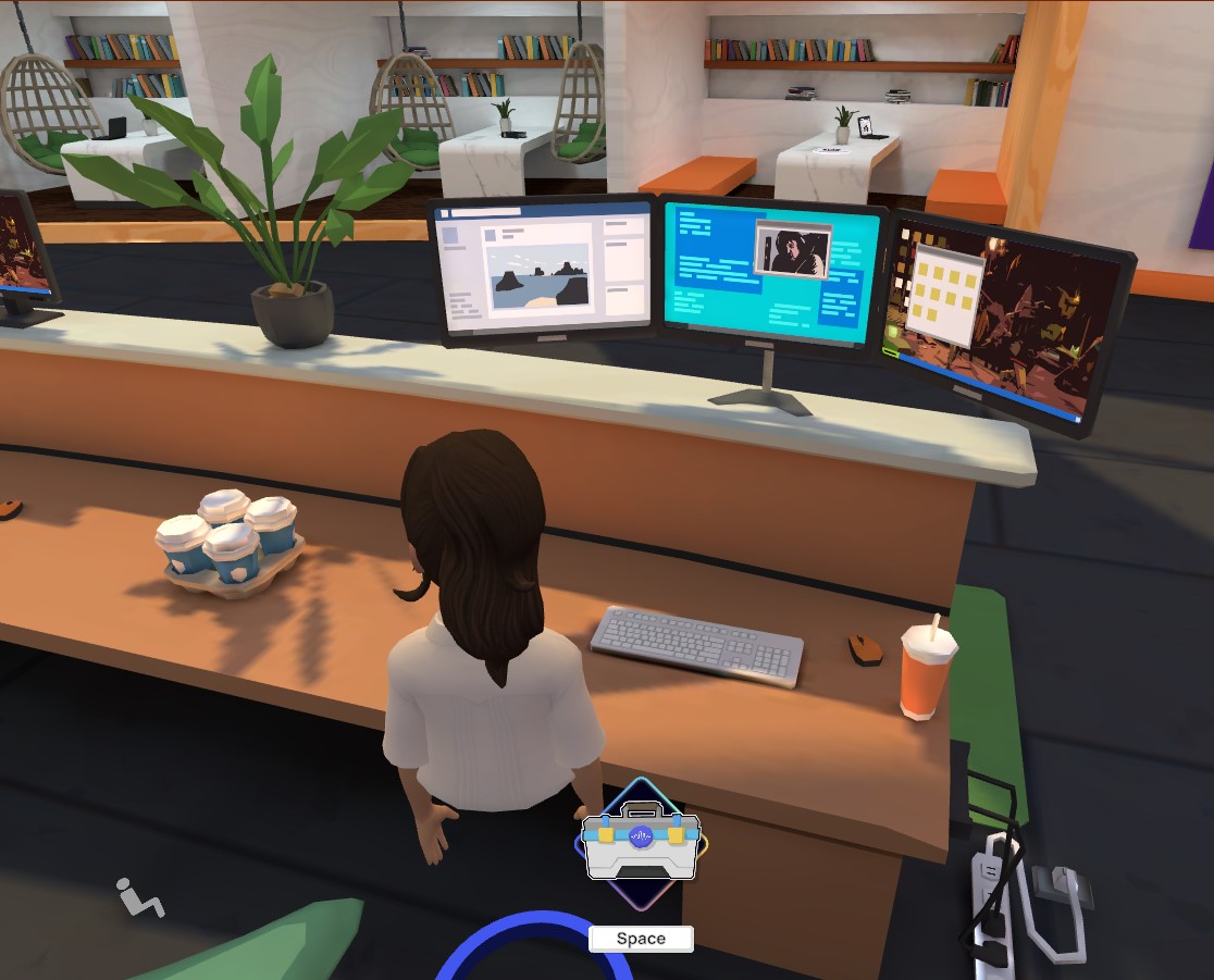 An animated front-desk avatar sits at a curved desk with three computer monitors displaying learner data and communication tools. Coffee cups and a drink sit nearby, with a lounge area and bookshelves visible in the background, showcasing the highly interactive and detailed nature of IMMERSE’s virtual learning environments.