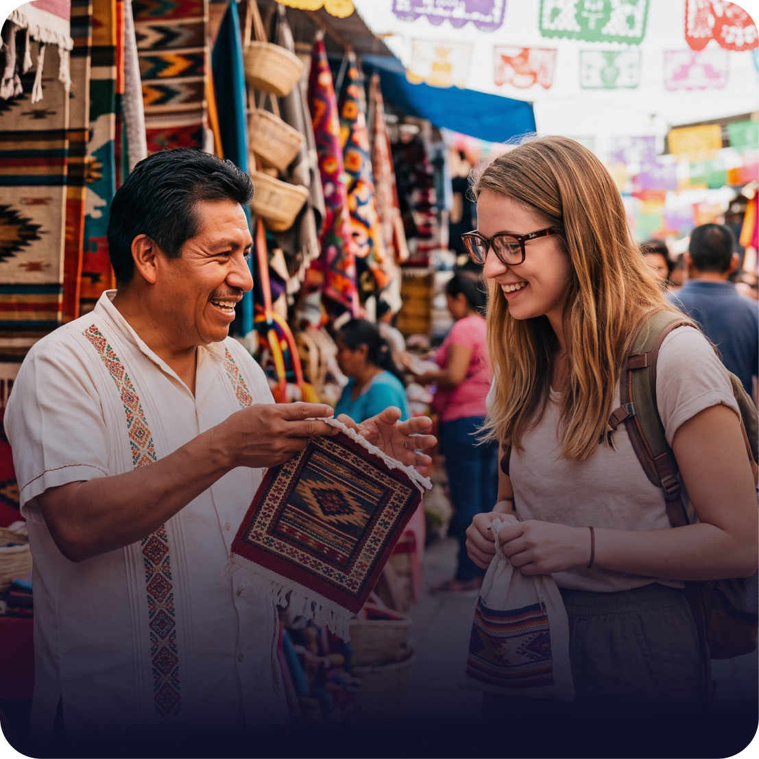 A traveller in conversation at a market