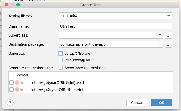 Screenshot of creating a new JUnit Test in Android Studio