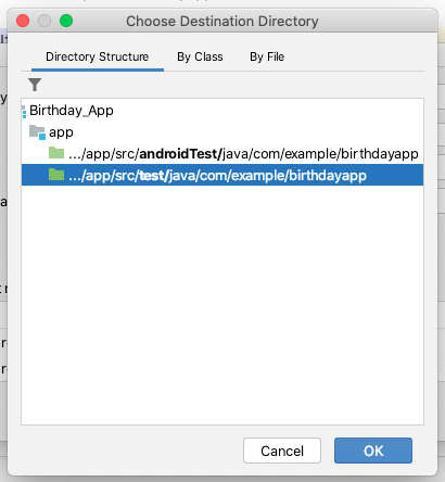 Screenshot of choosing where to save your new JUnit Test in Android Studio