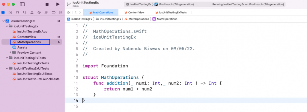 Screenshot of writing a Math operation in Xcode