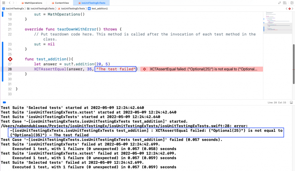 Analyzing the results of an iOS unit test in Xcode