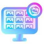 Computer screen showing an online gallery of photo thumbnails with a photo icon badge.