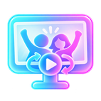 Party photos on a screen with play and loop arrows.