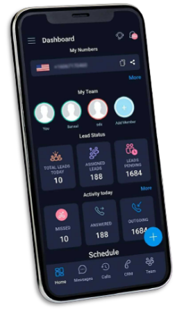 LimePhone mobile dashboard showing team and call activity